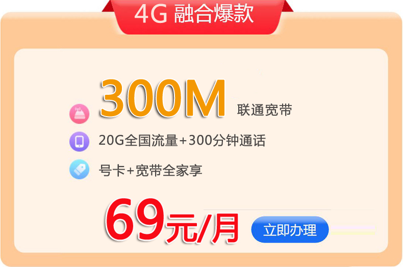 69元包月300M联通光纤宽带