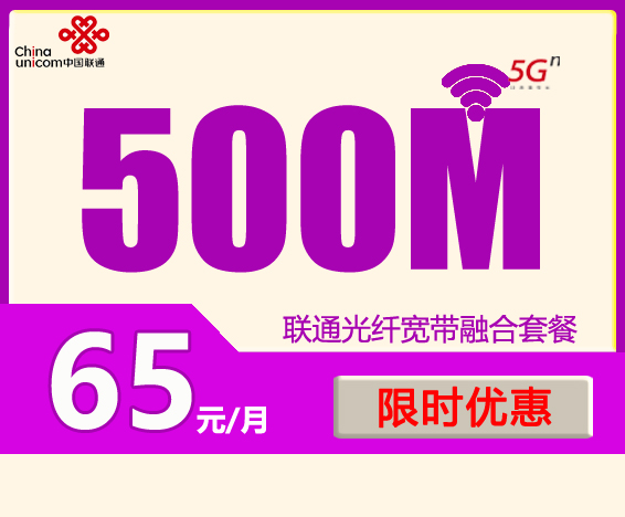 限时优惠：联通宽带 65元/月500M